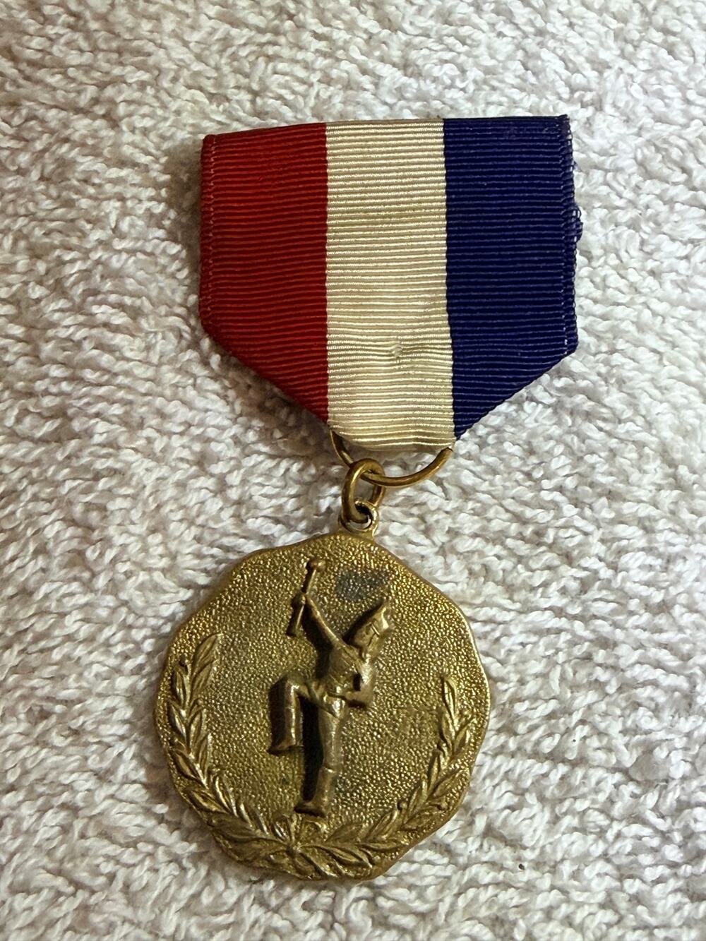 Vintage Majorette Baton Twirling Gold Tone Award Medal Red White Blue Ribbon